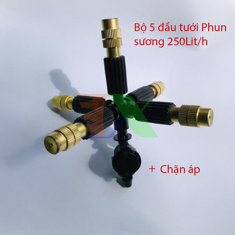 Bộ 5 đầu tưới Phun sương bằng đồng 250Lit/h + Chặn áp 4/7mm