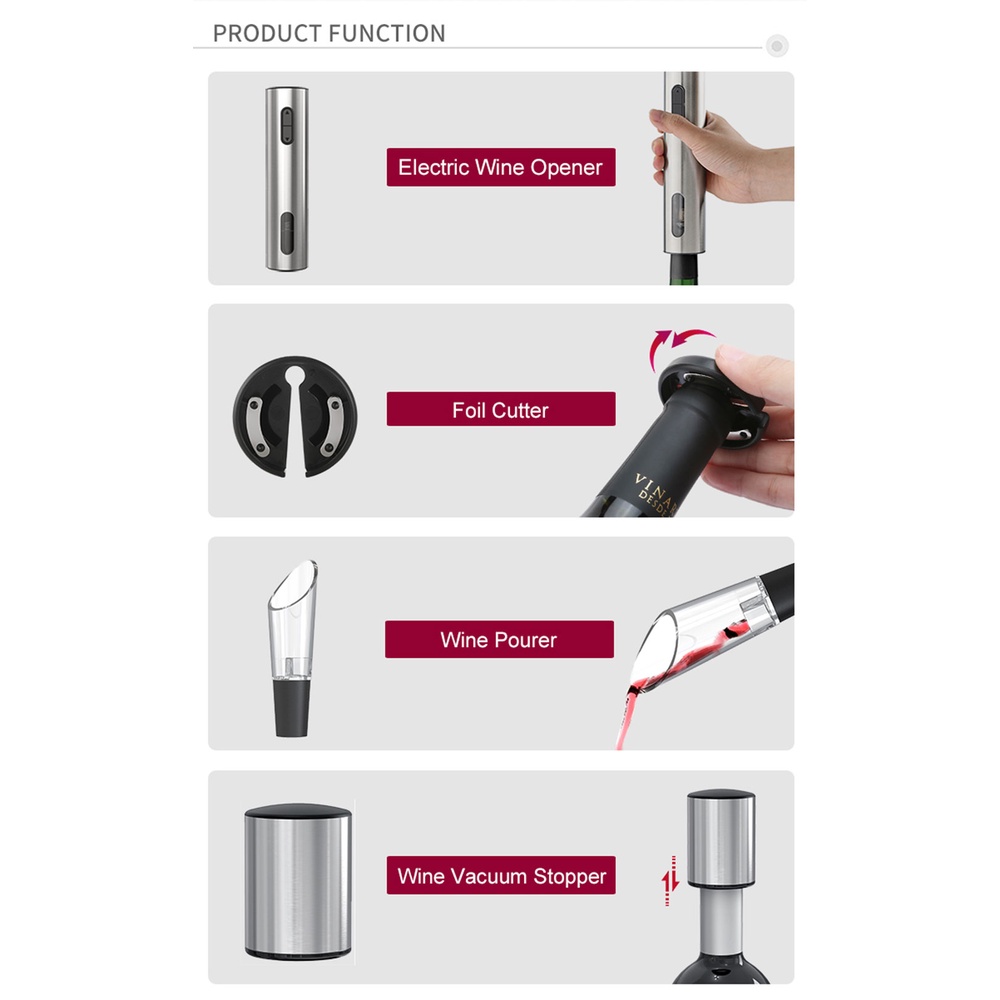 Uareliffe 4 In 1 Electric Red Wine Opener Kit Wine Bottle Corkscrew