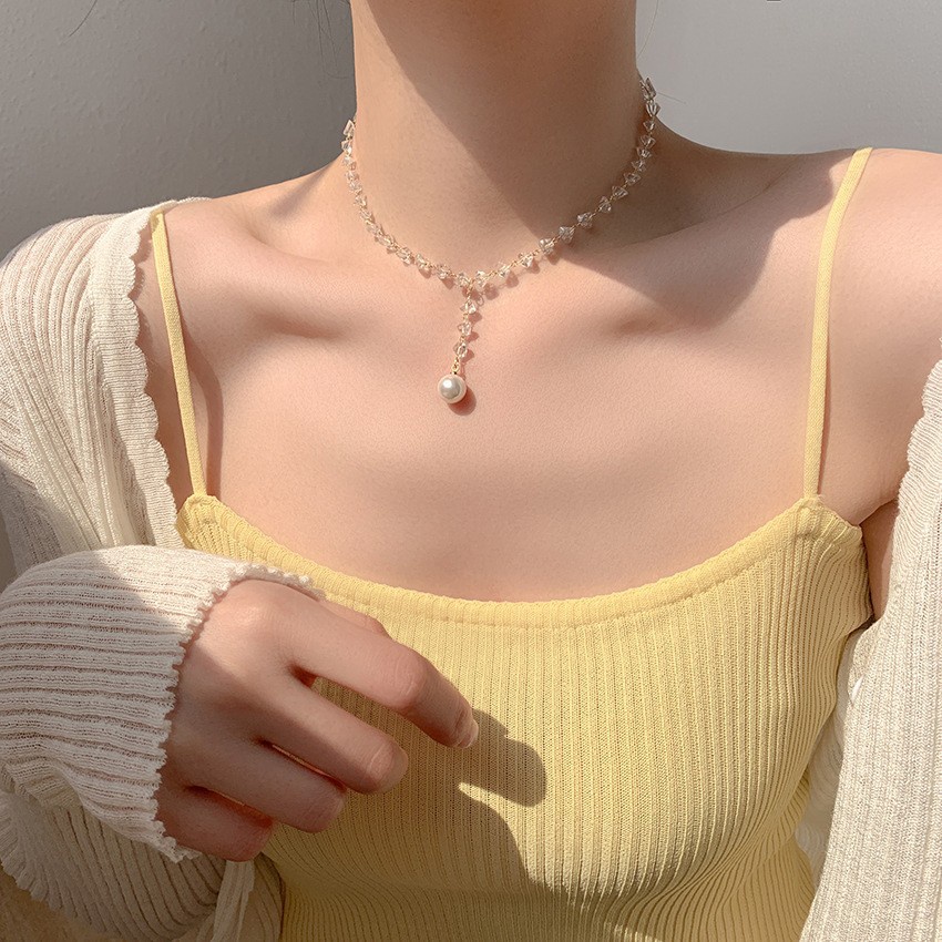 Vòng cổ Dáng Ngắn Đính Pha Lê Trong Suốt Phối Ngọc Trai Thời Trang Chất Lượng Cao Cho Nữ