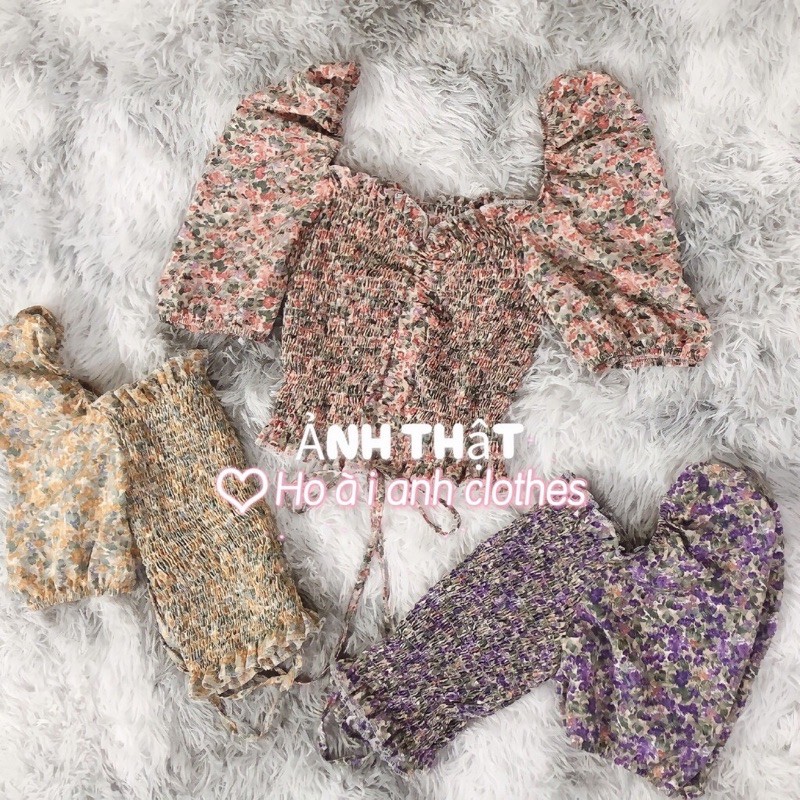 Áo hoa nhí vintage,áo hoa nhí cổ vuông tay bồng bo eo siêu xinh,trẻ trung