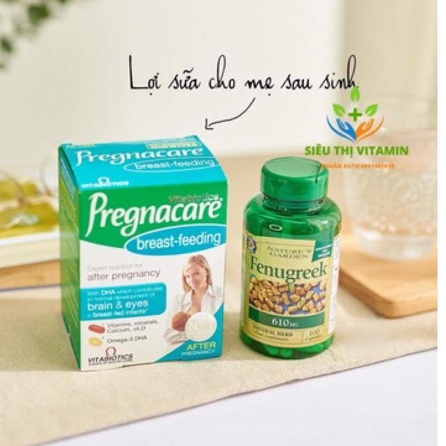 Bộ đôi Viên lợi sữa cỏ cà ri tăng tiết sữa Fenugreek và Vitamin tổng hợp bú Anh Pregnacare Breast-feeding