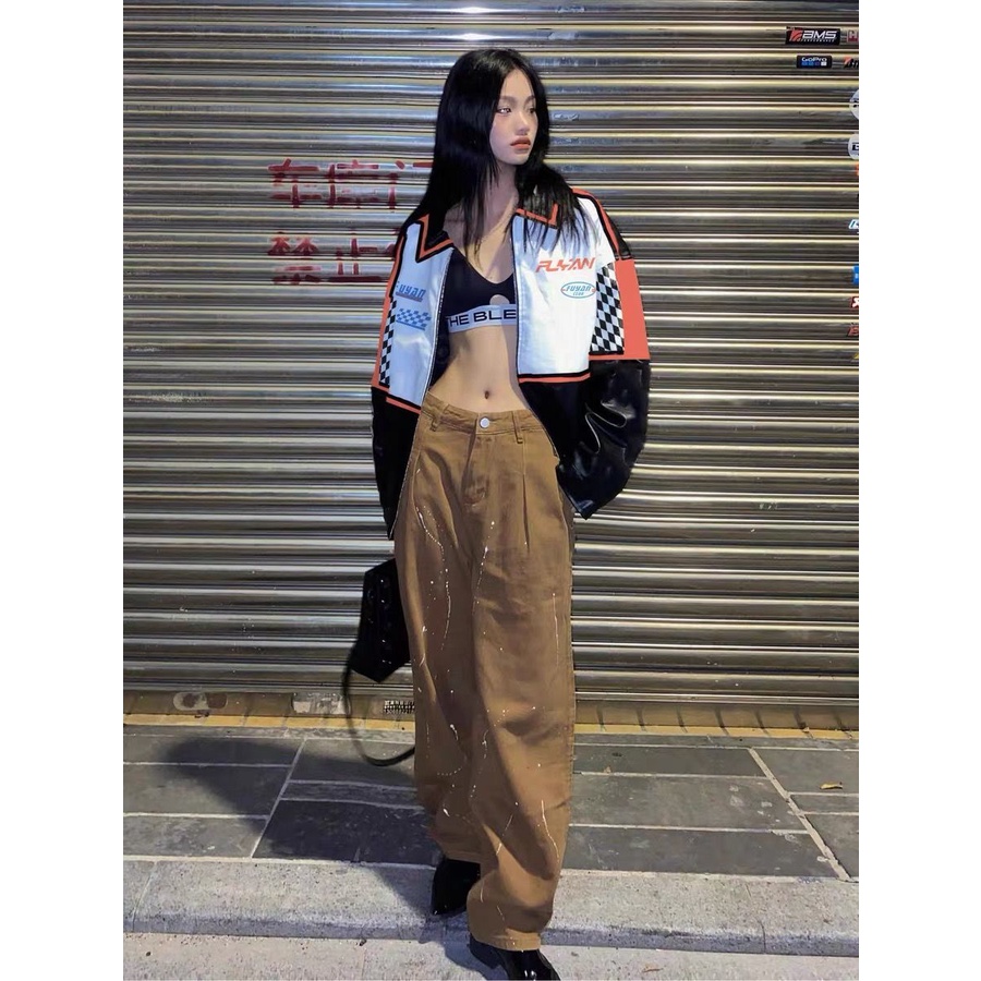 Áo khoác đi xe máy kẻ caro màu tương phản bằng da mùa xuân 2022 cho phụ nữ R5zZ