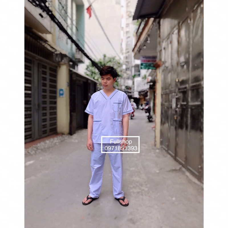 Bộ blouse trắng cổ tim có viền xanh - bộ scrubs trắng cỗ chữ V điều dưỡng, y tá, hộ lý dược sỹ Nam nữ cộc tay