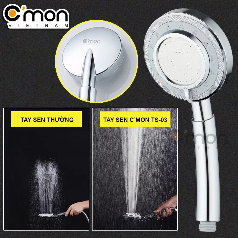 Bộ tay sen siêu tăng áp 400% với 3 chế độ nước C'MON TS-03 + dây sen + đế cài sen