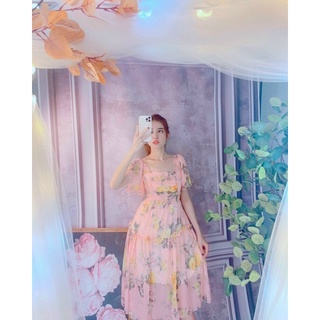 Đầm voan hoa cổ vuông