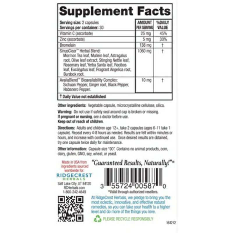 [ Date 8/2025] Viên uống hỗ trợ viêm xoang , nghẹt mũi Sinus Clear của RIDGECREST HERBALS 60 viên