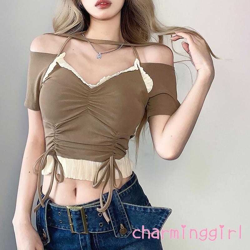Áo Crop Top Tay Ngắn Trễ Vai Thiết Kế Độc Đáo Thời Trang Mùa Hè Quyến Rũ Cho Nữ
