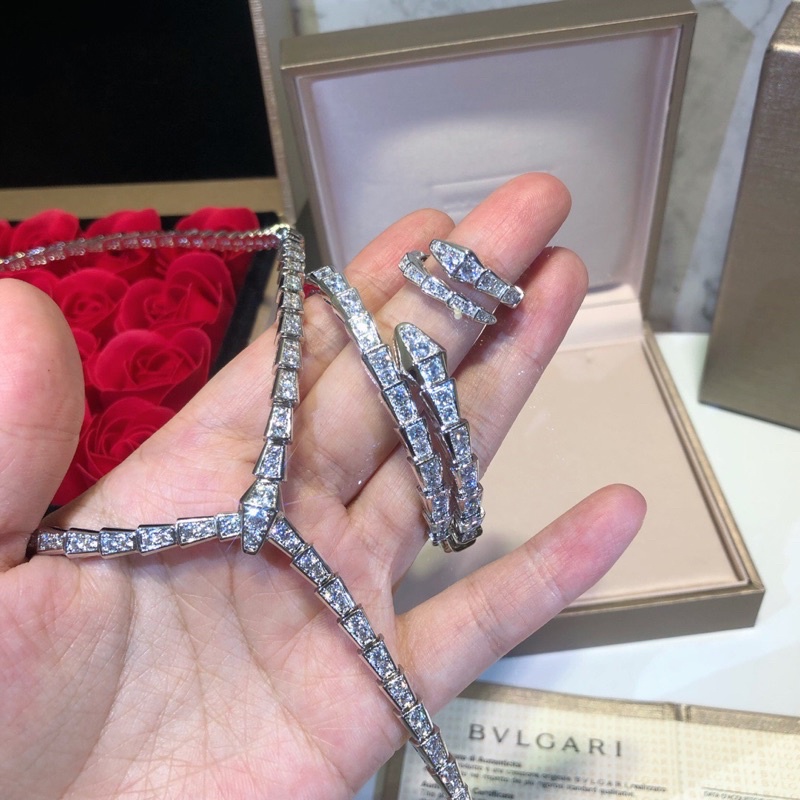 S925 Sterling Silver Fashion Full Diamond Snake Bone Necklace Bracelet Ring