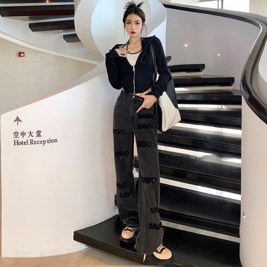 ❀Quần Jeans Đen Cạp Cao Ống Suông Thêu Chữ Quyến Rũ Thiết Kế Độc Đáo 2022 Cho Nữ