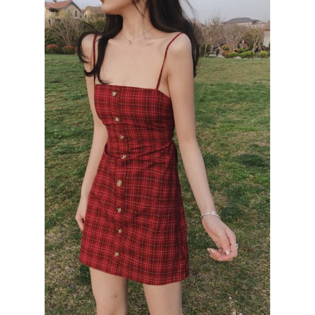 [Mã FAGREEN1505 giảm tới 30K đơn 99K] Đầm Xòe 2 Dây Kẻ Caro Đỏ Dáng Chữ A Hở Lưng Buộc Nơ Cực Xinh Freesize<52kg - V.009 | BigBuy360 - bigbuy360.vn