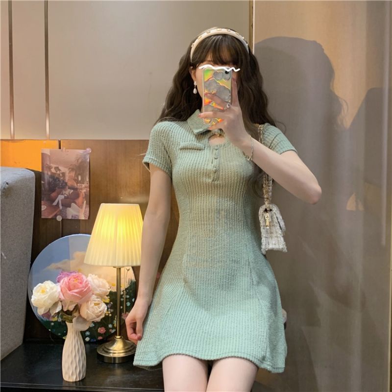 COZOK Đầm Tay Ngắn Cổ polo Dáng Ôm Thời Trang