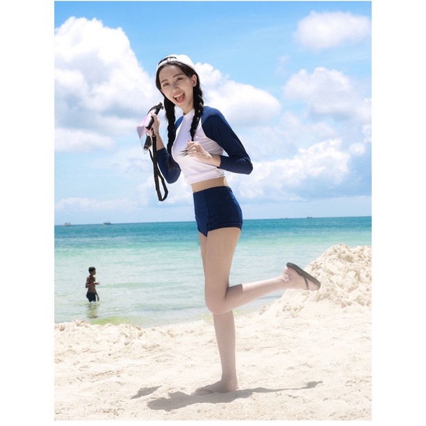 Bikini, đồ bơi nữ hai mảnh dài tay crotop chữ ngực