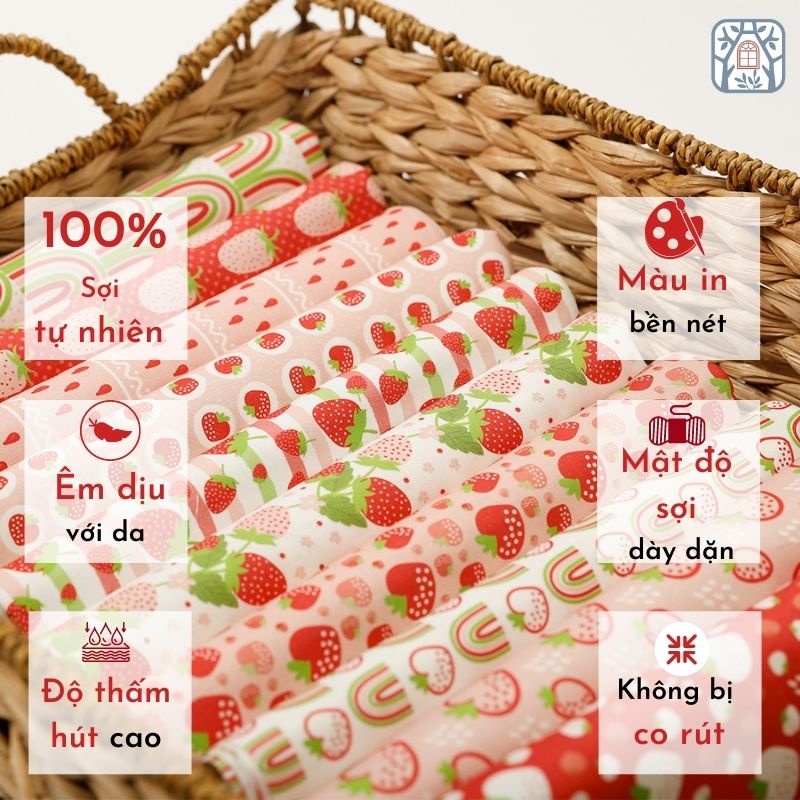 Vải cotton 100% tự nhiên🍒Chuanshui🍒khổ vải 150cm quả dâu strawberry xinh xắn - vải đẹp handmade, quilt
