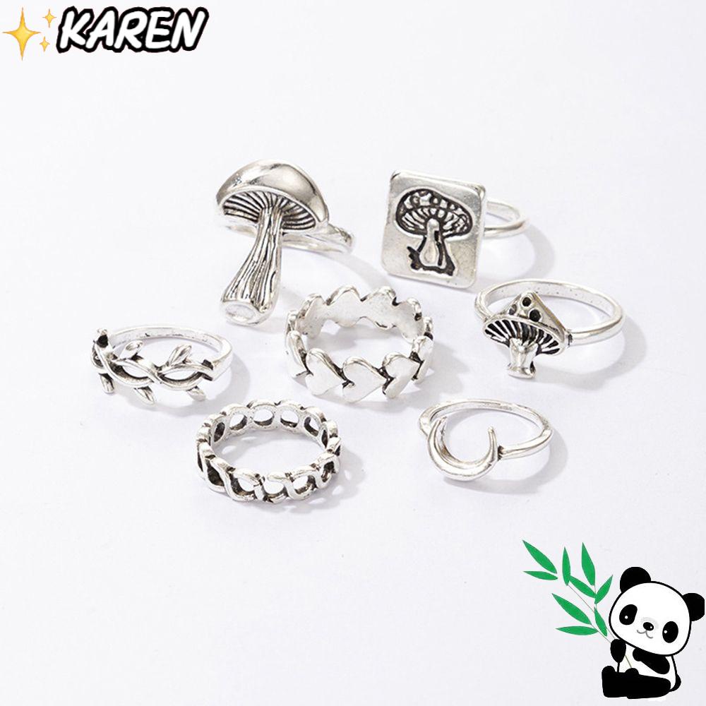 Set 7 Nhẫn Dạng Hở Hình Mặt Trăng / Lá Cây Phong Cách Retro Thích Hợp Làm Quà Valentine