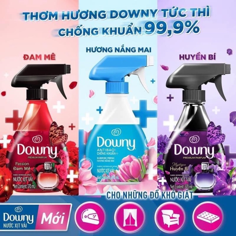 Xịt vải Downy khử mùi kháng khuẩn 99,9% chai 370ml hương ban mai, đam mê, huyền bí