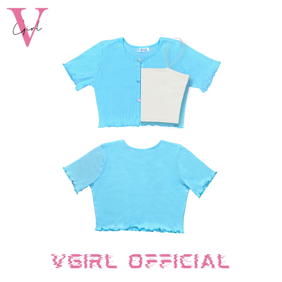 Áo khoác lửng Croptop nữ VGIRL xanh Pastel phối nút màu [ẢNH ĐỘC QUYỀN]