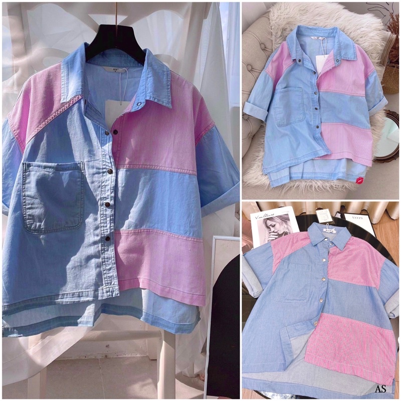 Áo sơ mi denim phối kẻ siêu xuất sắc