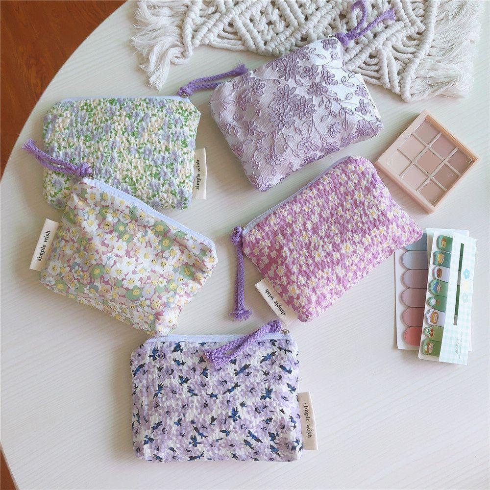 Túi Đựng Đồ Trang Điểm Mini Bằng Vải Cotton In Họa Tiết Hoa Có Khóa Kéo