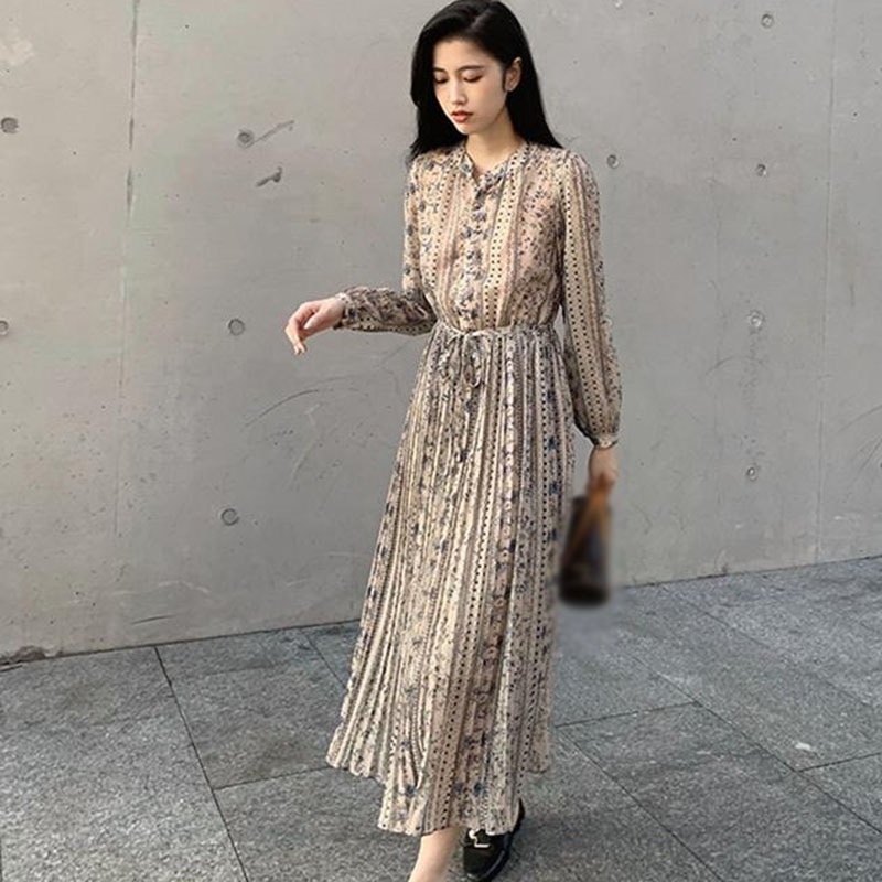 Đầm Chiffon Nữ Dài Tay Cổ Tròn Xếp Ly Thời Trang Hàn