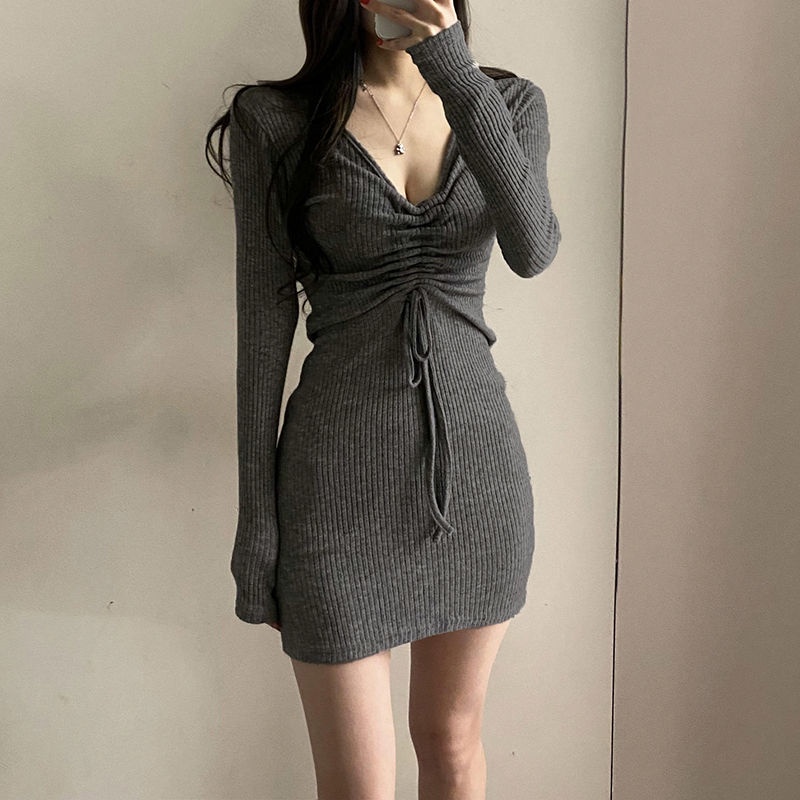 Đầm Ôm Dệt Kim Cổ Chữ V Phong Cách Hàn Quốc Cho Nữ