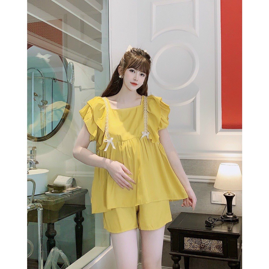 Bộ đồ bầu ĐÙI CÁNH TIÊN phối viền ren tiểu thư xinh xắn - Bộ bầu mặc nhà có khóa cho con ti BL861