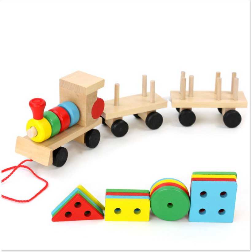 Đồ chơi gỗ Đoàn tàu hỏa chở hình khối thả trụ cho bé vừa học vừa chơi phát triển tư duy