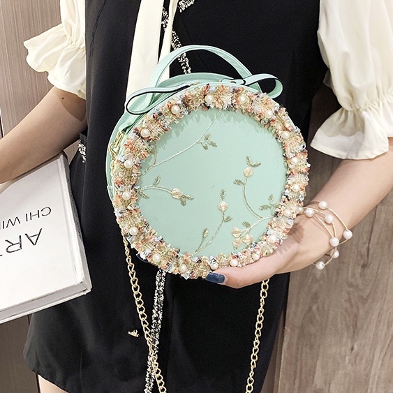 PVN41021 - Túi Hộp Tròn Thêu Hoa Đính Đá - #balotuivi