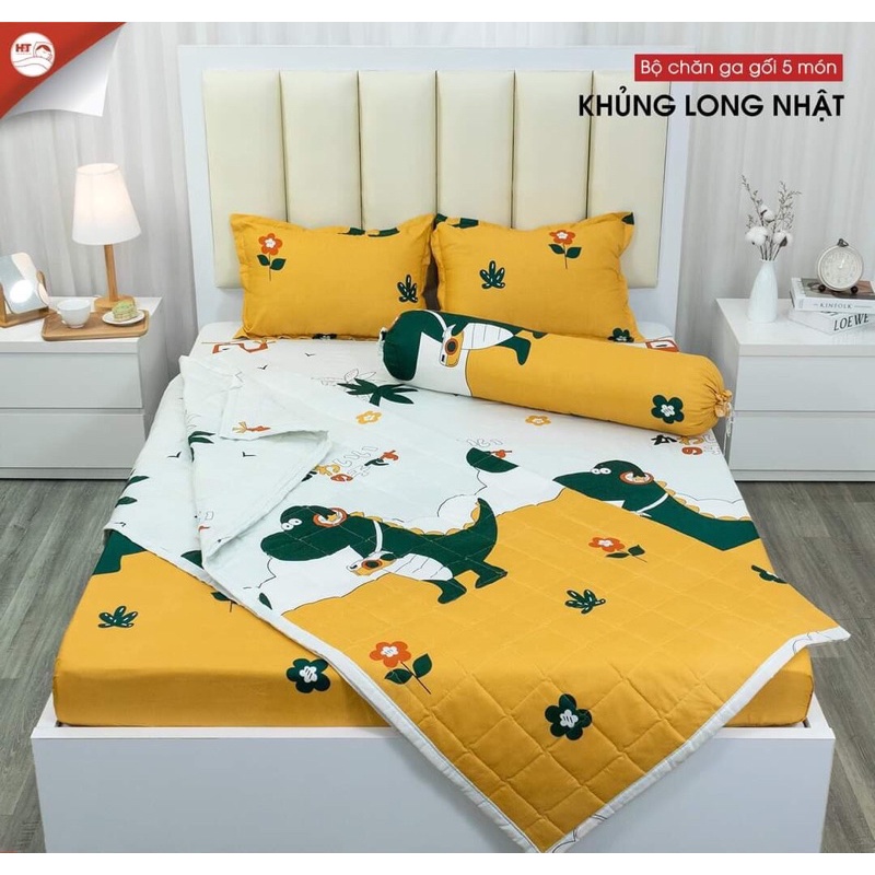 Bộ drap giường 5 món chăn ga gối bo chun poly hàn quốc cao cấp
