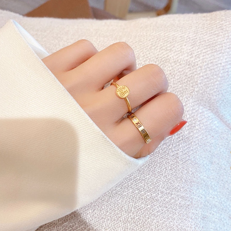 Nhẫn nữ titan không gỉ Vàng 18k Trung Quốc Hán tự May mắn &quot;FU&quot; Phụ kiện trang sức thời trang