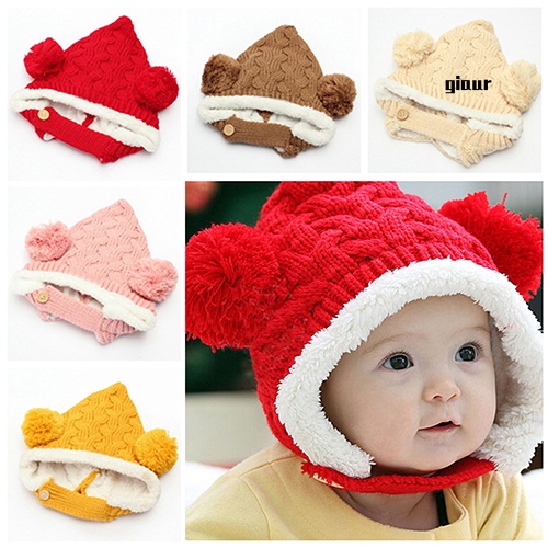 Nón len giữ ấm đính quả bông dễ thương cho bé