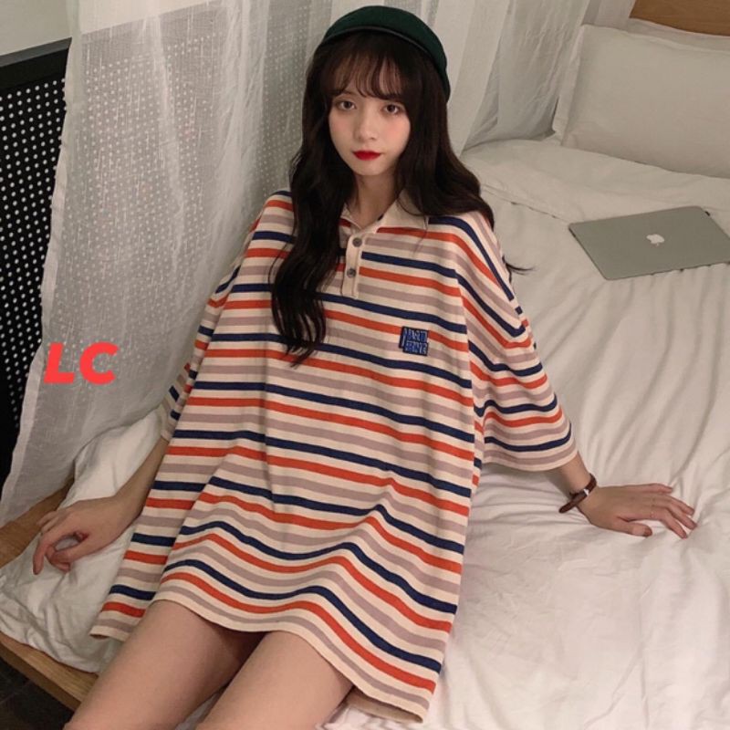 Áo Phông Polo Kẻ Sọc Hồng Unisex 🦋 Áo Thun Cổ Bẻ Tay Lỡ Dáng Rộng 🦋