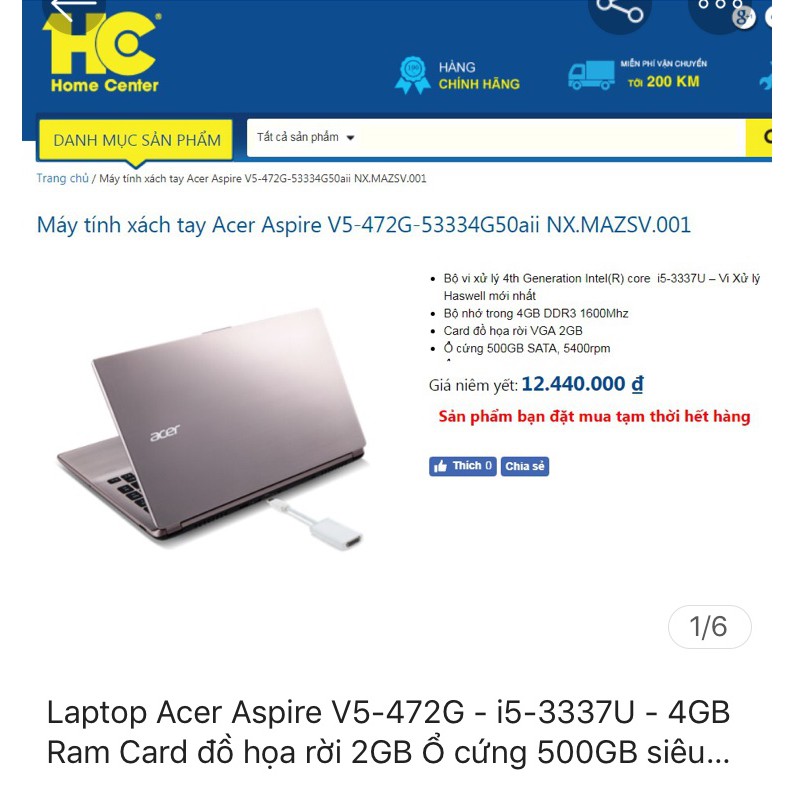 Laptop Acer Aspire V5-472G-i5-3337U-4GB Ram Card đồ họa rời 2GB Ổ 500GB siêu mỏng | BigBuy360 - bigbuy360.vn