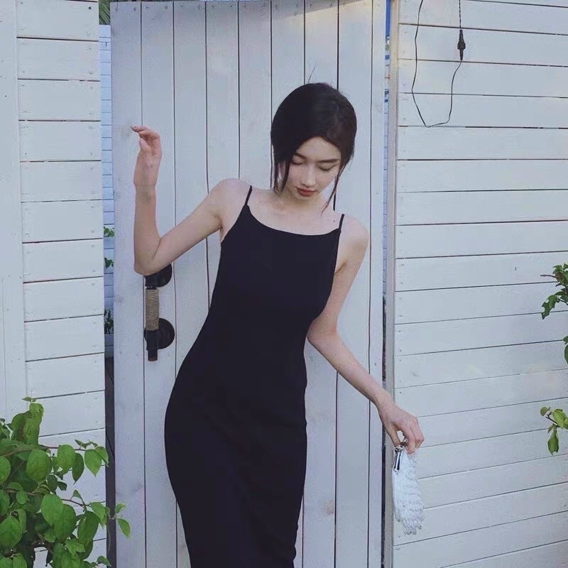 Đầm Hai Dây Hở Lưng Nữ Váy midi 2s body dáng ôm màu đen trơn thiết kế sexy Ulzzang HOT | BigBuy360 - bigbuy360.vn