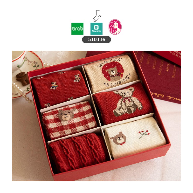 Set tất hộp quà tặng Caramella cao cấp 6 đôi vớ cổ dài chủ đề gấu đỏ kèm hộp đựng sang trọng 2021