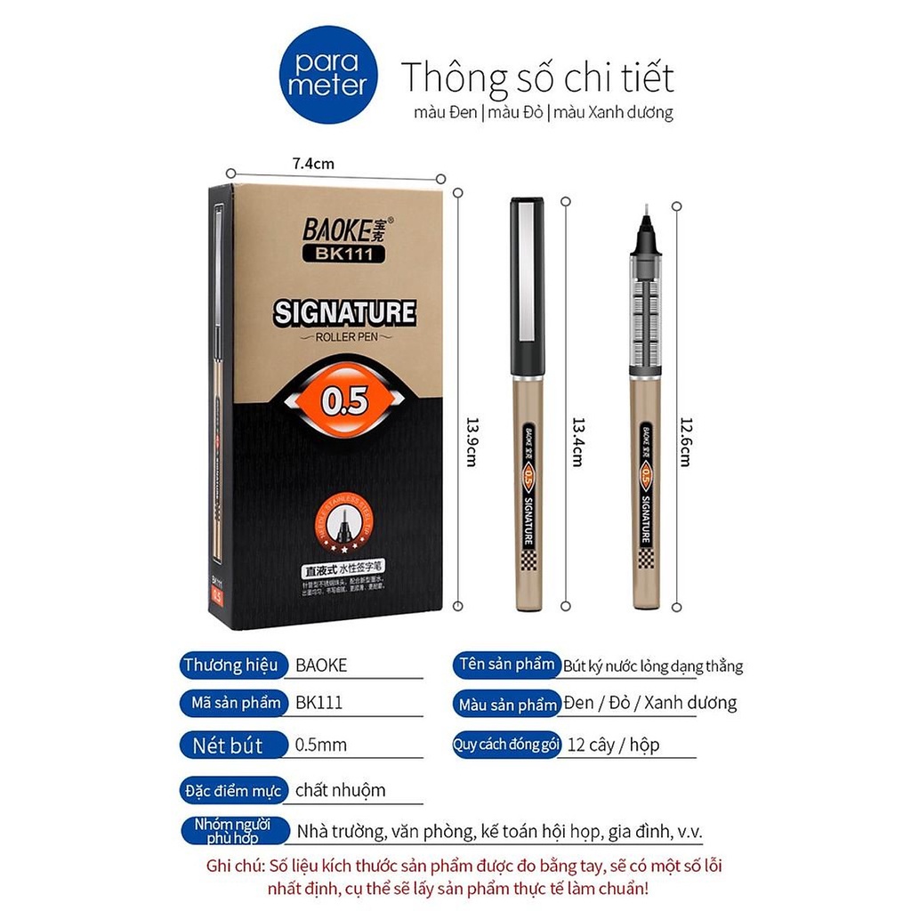 (Hộp 12 Cái) Bút Ký, bút Viết nét 0.5mm Mực Nước gel 3 Màu-BAOKE/BK111