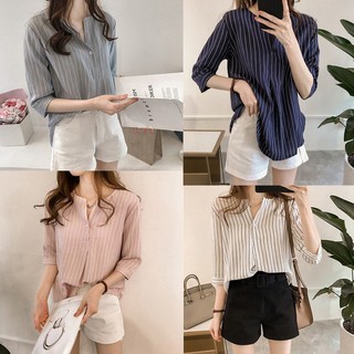 Áo Sơ Mi Tay Lửng Họa Tiết Sọc Thời Trang Cho Nữ