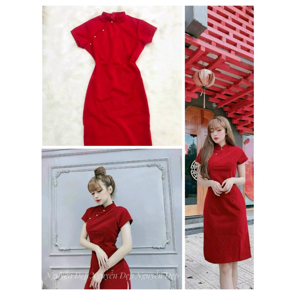 Đầm váy Sườn xám đỏ côt đính cườm tay ngắn dáng ôm xẻ tà xinh ngày tết thời trang nữ