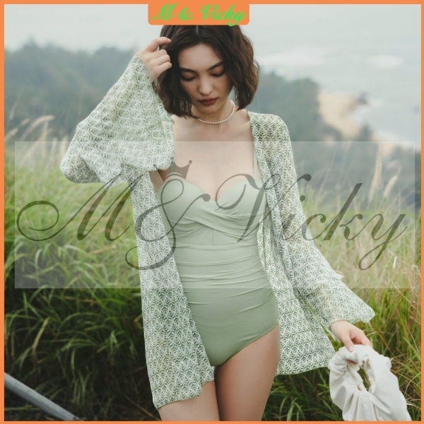 Two Pieces Sets Swimsuit Women Sweet Ins Small Chest Gather Thin Sexy Sun Protection Cover Up with Bikini Swimwear