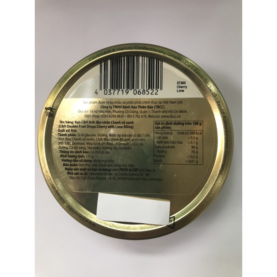 Kẹo Hộp Thiếc Đức Cavendish Harvey Hương Cherry Nhân Chanh Cherry With Lime Filling (Hộp 175g)