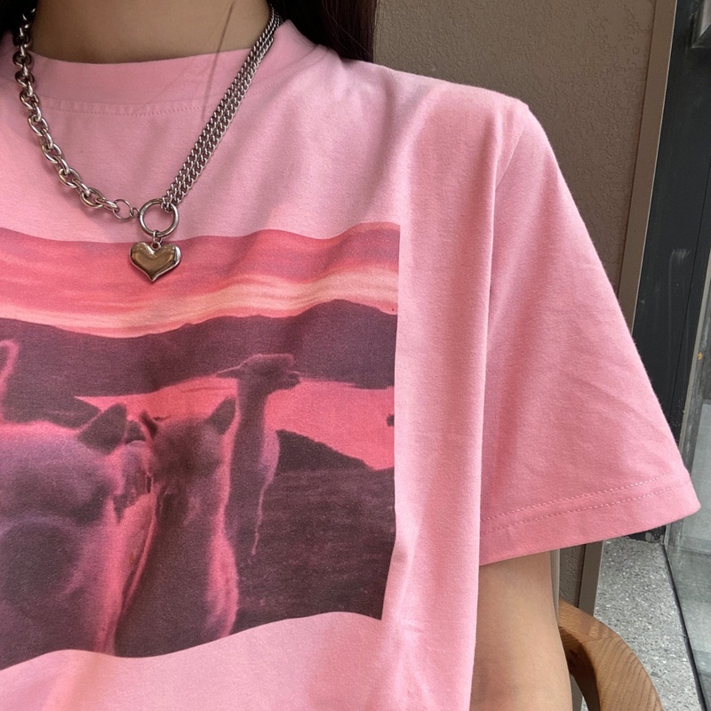 Áo thun tay ngắn cổ tròn in hình phong cách Hàn Quốc thời trang cho nữ