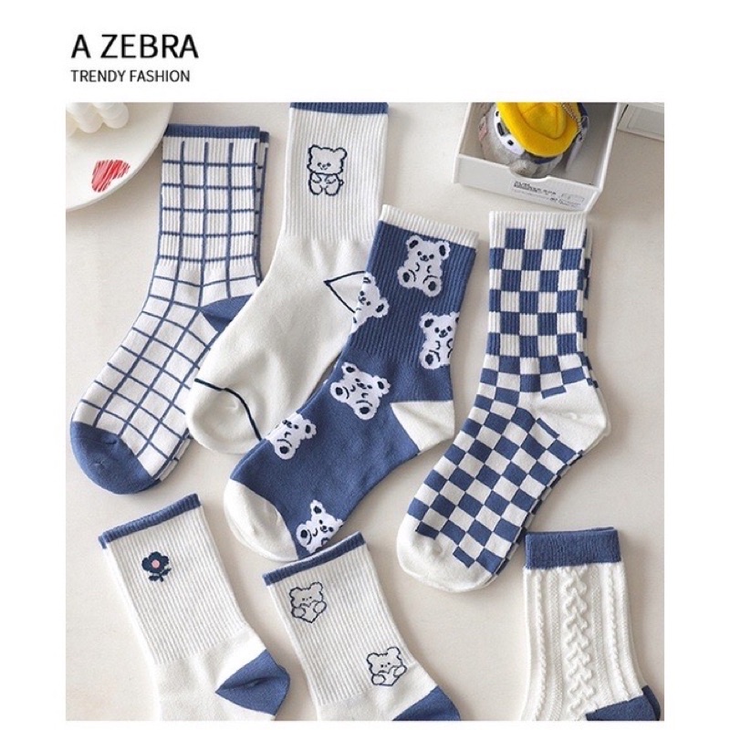 Sét 5 Đôi Vớ Tất Nữ Cổ Cao Tông Xanh Trắng Phong Cách Hàn Quốc