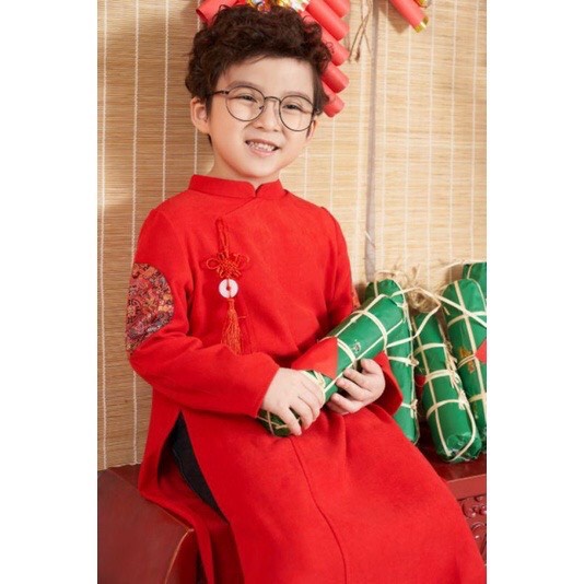 Áo dài cách tân hình tròn thêu 2 bên tay bé trai từ 9 - 37 kg xẻ tà, áo dài tết cho bé họa tiết cách điệu 2 màu đỏ, vàng