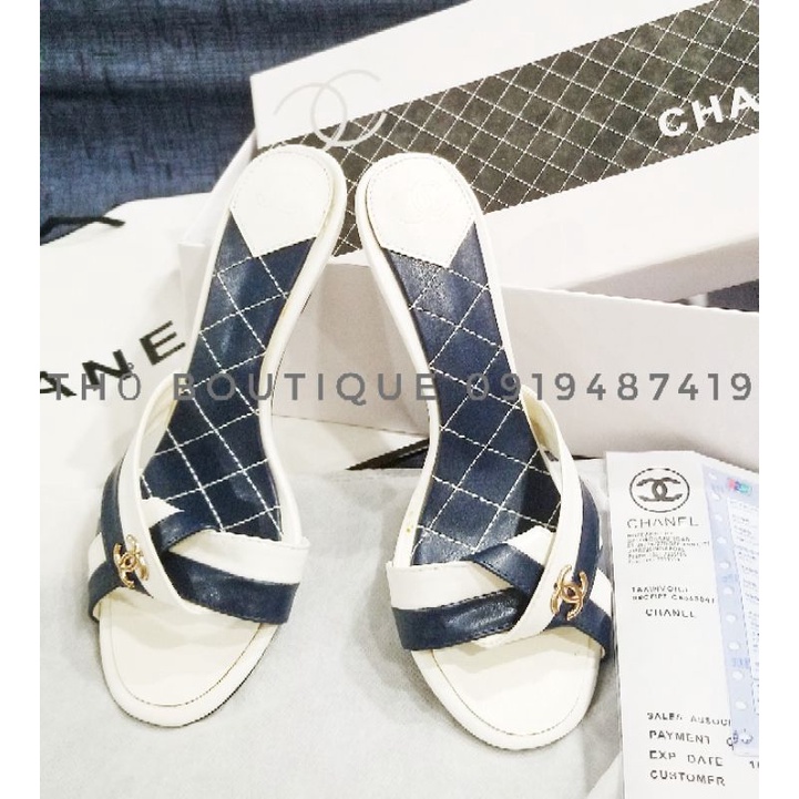 Guốc/dép sandal cao gót Cha.nel xuất Âu xịn da mềm quai nơ sọc chéo xanh dương phối trắng 5cm size 36
