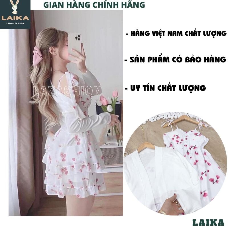 Sét váy hoa 2 dây  tầng kèm áo choàng ngoài mầu trắng tiểu thư bánh bèo ulzzang đầm hàn quốc dễ thương -LAIKA