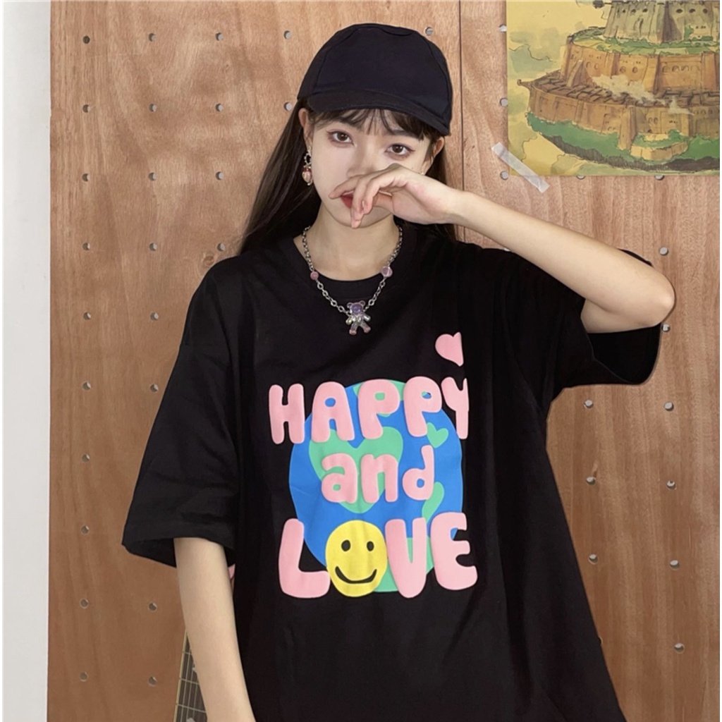 Áo thun tay lỡ form rộng Happy and Love NEKOSG, áo phông form rộng Unisex ATL258