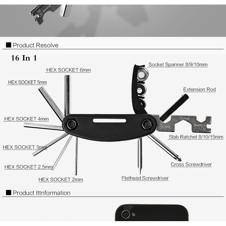 Bộ Tool Đa Năng - 14 Chức Năng ( Tặng Kèm Bao Da Và Bộ Vá Xe Đạp - Keo, Miếng Vá,Giun,Mài,Móc Lốp )