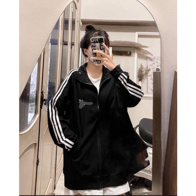 Áo Khoác From Rộng Thêu Logo 3 Sọc Nữ [Freeship]�Jacket thể thao nỉ ngoại màu đen