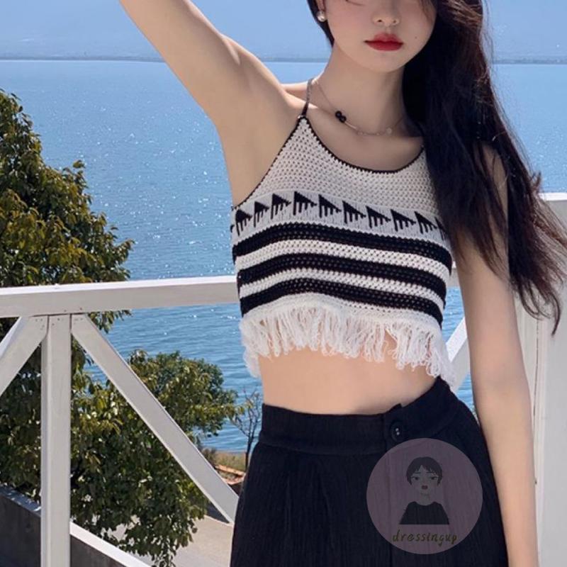 Áo Tank Top Hai Dây Hở Lưng Họa Tiết Kẻ Sọc Phối Tua Rua Cho Nữ