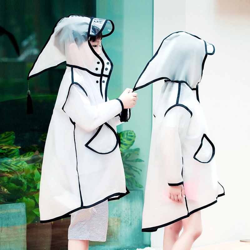 ♛Áo Mưa Trong Suốt EVA Dáng Dài Có Mũ Trùm Phối Tua Rua Kiểu Nhật Hàn Dễ Thương Cho Bé