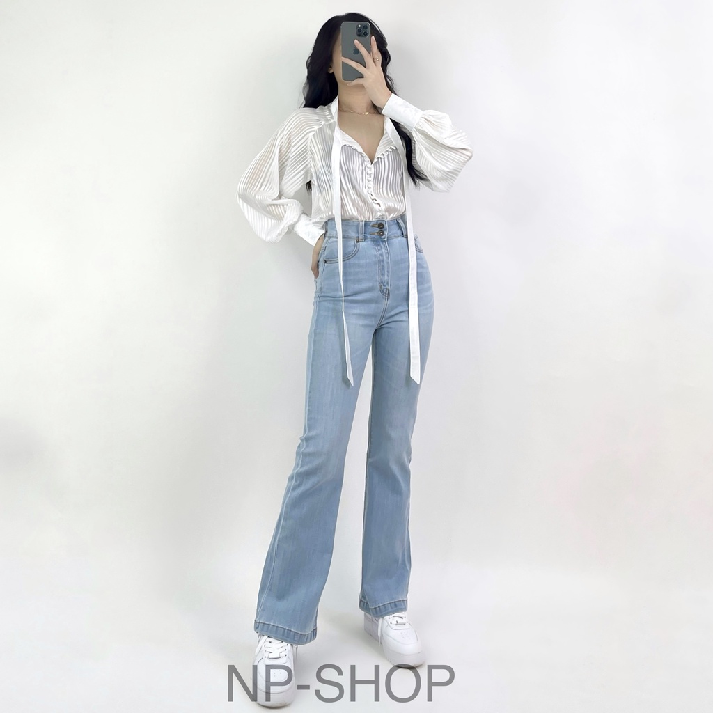 Quần jean nữ ống loe NPSHOP lưng cao cạp 2 nút, quần bò loe nhẹ ống suông cao cấp JNIK005
